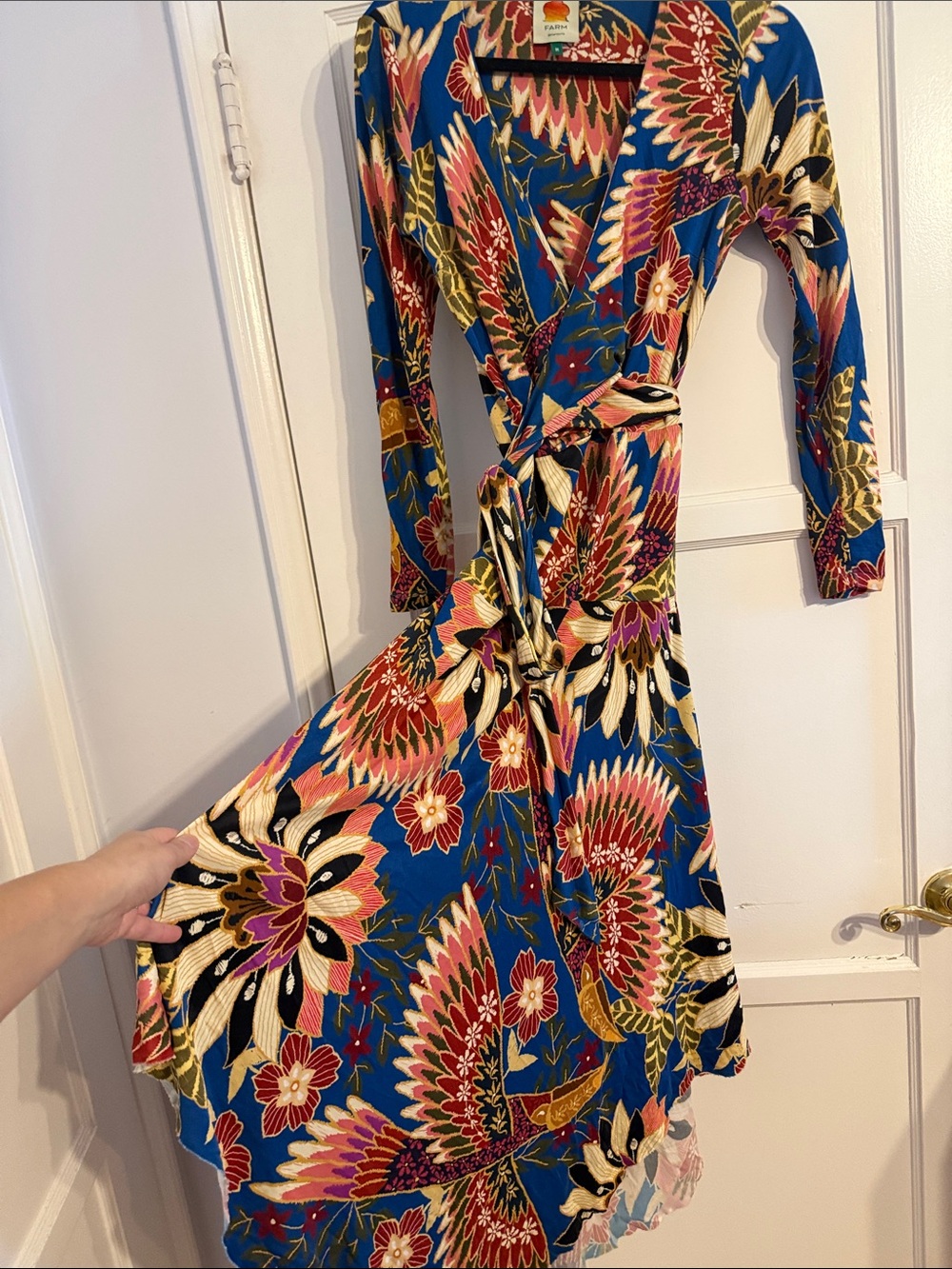 Farm Rio Blue long sleeve Floral Wrap Dress with Tie Waist size M